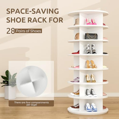 Rotating Shoe Rack 7 Tier Spinning Shoes Organizer Tower for 28-32 Pairs Lazy Susan 360 Revolving Shoe Storage Cabinet Rotate Shoe Handbag Rack Round Carousel for Closet, Bedroom (White)