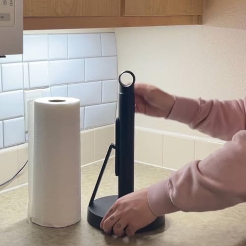 Heavy-Duty Paper Towel Holder with Tension Arm, Countertop(1, Black) | Easy One-Handed Tear, Modern Stainless Steel Countertop Paper Towel Dispenser for Kitchen, Holds Standard and Jumbo Rolls