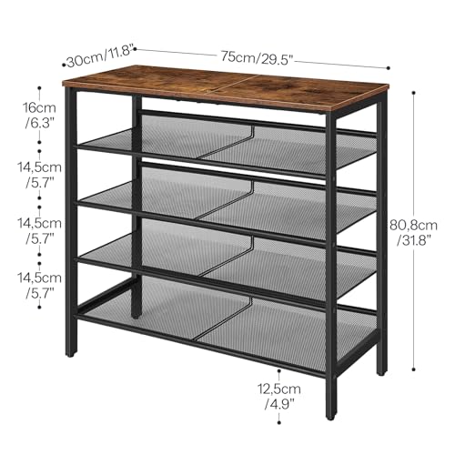 HOOBRO Shoe Rack for Entryway, 5-Tier Shoe Organizer with Adjustable Mesh Shelves, 16-20 Pairs of Shoes, Spacious Floor Mount, Metal, Industrial, Shoe Shelf for Closet, Rustic Brown BF12XJ01