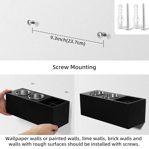 Hair Dryer Holder and Tool Organizer, Curling Iron Holder (Wood, Black) | Dryer Holder Organizer for Wall Mount or Countertop, Self-Adhesive Hooks, makeup brushes Storage, Multi-Compartment Design