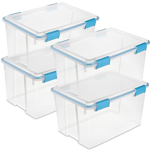 Sterilite 4-Pack 54 Quart Gasket Box, Home Storage Organizer Bins with Lids - Stackable Clear Plastic Containers for Bedroom, Bathroom, Garage, Basement, or Attic