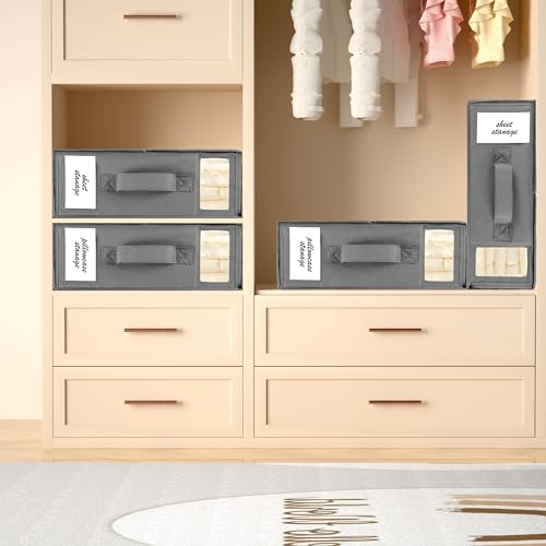 2-Pack Bed Sheet Organizers and Storage, Oxford Grey | Foldable Sheet Organizer for Linen Closet with Window and Label, Closet Organizer Box for Bedding Sheets, Duvet Covers