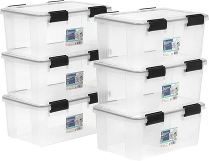 IRIS USA 6-Pack 19 Qt Storage Bins with Gasket Lids, Clear/Black | WeatherPro seal protects shoes, crafts, documents and supplies from dust and moisture