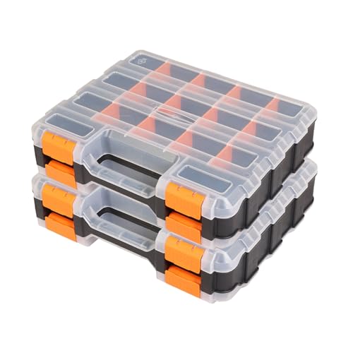 Jack Boss Tool Box with Transparent Lid, Double Side 34-Compartments Organizer Box with Removable Dividers for Hardware, Screws, Bolts, Nails, Beads, Jewelry and Fishing Accessories, Orange, 2 Pack