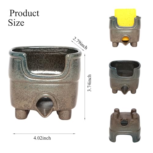 Ceramic Sponge Holder with Drainage，Farmhouse Sink Caddy | Self Draining Organizer for Sponges, Soap, Brushes. Compact Rustic Kitchen Accessory Keeps Counter Dry & Tidy. Country Blue