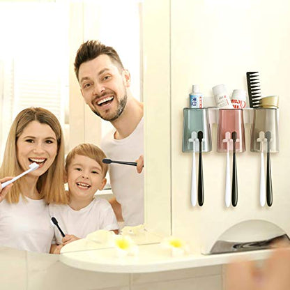 Toothbrush Holder for Bathroom, Eco-Friendly Mighty Large Capacity Toothbrush Holder Wall Mounted with 3 Square Cups for Family or Dormitory (Square Cup)