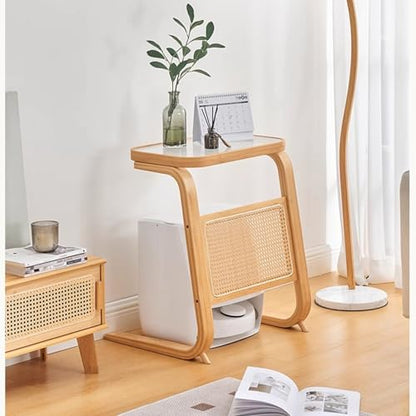 Robot Vacuum Storage Modern 27 Inch Tall Side Tables Cabinet | Bamboo Glass Coffee Table Freestanding Rattan Storage Wood Rack for Home Office and Living Room Bedroom