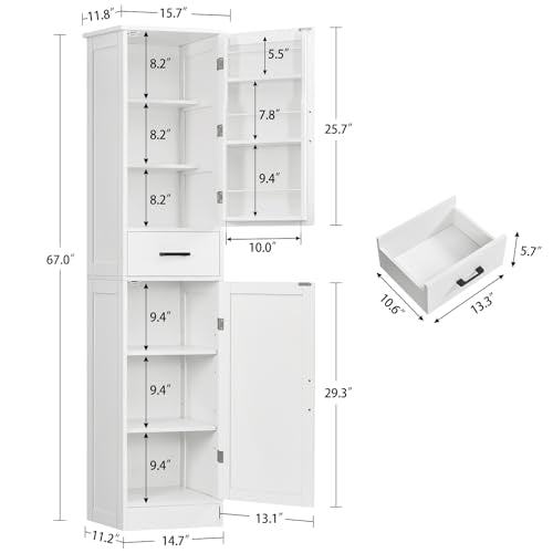 Tall Storage Cabinet with 3 Door Shelves & 1 Drawer, Narrow Kitchen Pantry Cabinet for Living Room, Bathroom, Entryway, White