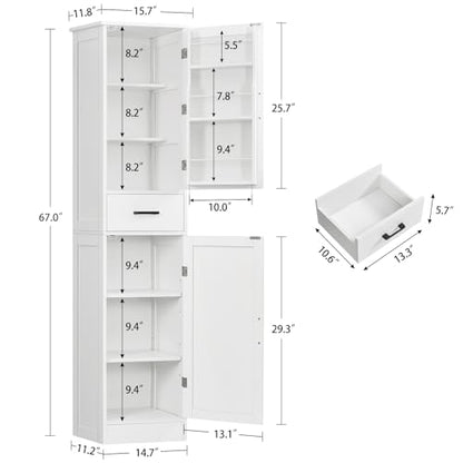 Tall Storage Cabinet with 3 Door Shelves & 1 Drawer, Narrow Kitchen Pantry Cabinet for Living Room, Bathroom, Entryway, White