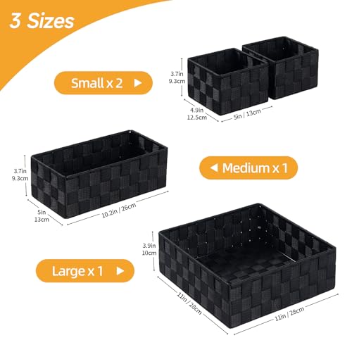 Small Black Baskets Cube Bin Container Tote,Woven Storage Baskets for Organizing Organizer Divider for Drawer, Closet, Shelf, Dresser, Set of 4