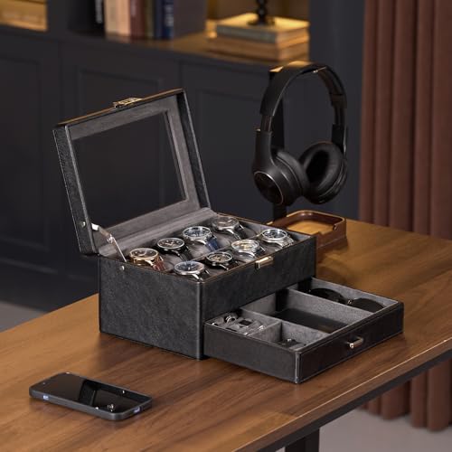 ProCase Premium Watch Box for Men, Jewelry Organizer Box with Drawer, Display Storage Case with Glass Lid -Black, 8 Slot