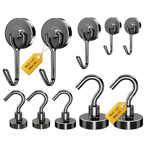 Magnetic Hooks, Mixed Sizes 10-Pack Black Heavy Duty Strong Magnet Hook Set for Refrigerator, Cruise Ship Cabin, Outdoor BBQ Grill, Kitchen & Garage (Medium 4 + Large 2 + Max 4)