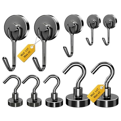 Magnetic Hooks, Mixed Sizes 10-Pack Black Heavy Duty Strong Magnet Hook Set for Refrigerator, Cruise Ship Cabin, Outdoor BBQ Grill, Kitchen & Garage (Medium 4 + Large 2 + Max 4)
