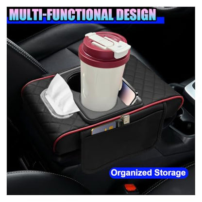 Leather Car Center Console Cover, Armrest Booster Cushion,BlackRed | Universal Vehicle Middle Console Organizer with 2 Cup Holders, Side Storage Bag, Tissue Box & Phone Slot, 13.38"×7.28"×2.44"