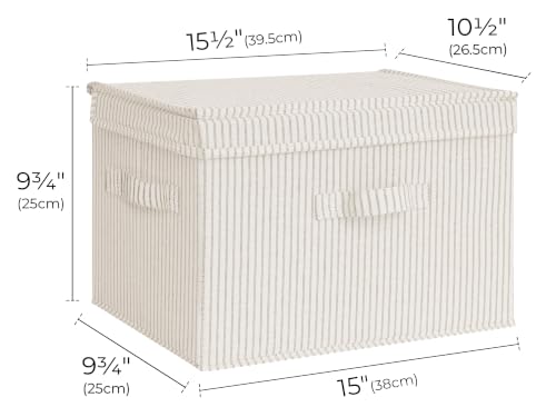 StorageWorks Fabric Storage Bins with Lid, Decorative Storage Boxes for Shelves, Stackable Closet Organizer Basket with Handles, Large, Khaki and Beige Stripes, 2-Pack