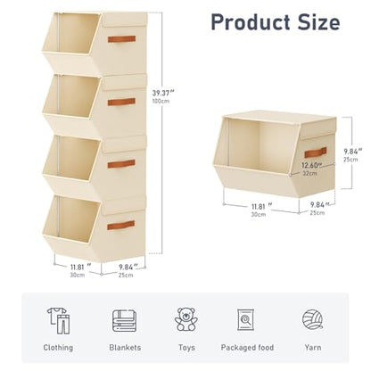 Stackable Closet Organizers and Storage Bins, Open Front Closet Shelf Organizer System With Steel Frame, Clothes Storage Basket Fabric, Collapsible Closet Drawers for Wardrobe, Nursery ,Toy, 4 Pack
