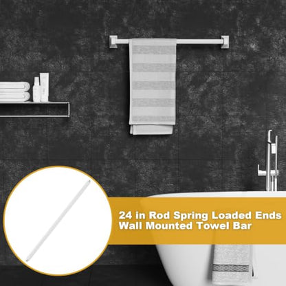 Showingo 24 Inch Adjustable Towel Bar Replacement Rod, Spring End Wall Mount Towel Rod for Bathroom & Kitchen, White Towel Holder for Towel Storage (1 Pack)