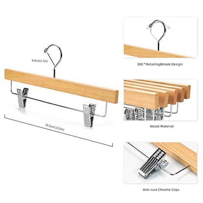 Nature Smile Wooden Pants Skirt Hangers with Clips, Natural, Pack of 10 | Lotus Wood Bottom Jeans Skirt Hanger with Anti Rust Hook