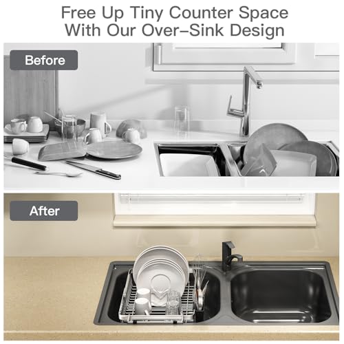 Dish Drying Rack Over The Sink with Utensil Holder | Expandable Stainless Steel Dish Drainer for Small Kitchen, Apartment, RV, Counter Space Saving, Perfect Fit, Rustproof