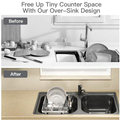 Dish Drying Rack Over The Sink with Utensil Holder | Expandable Stainless Steel Dish Drainer for Small Kitchen, Apartment, RV, Counter Space Saving, Perfect Fit, Rustproof