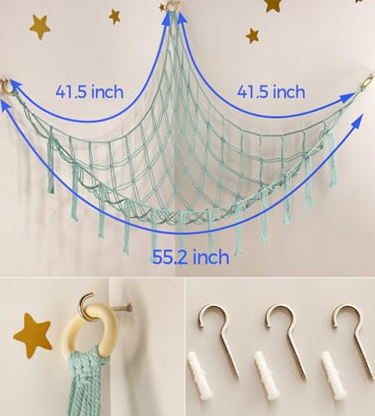 Stuffed Animal Hammock-Large Stuffed Animal Net For Toys Corner-Hanging Stuff Animal Toy Storage Organizer For Plush Plushie Display Light Blue Girl Room Bedroom Boho Nursery Decor Toy Storage