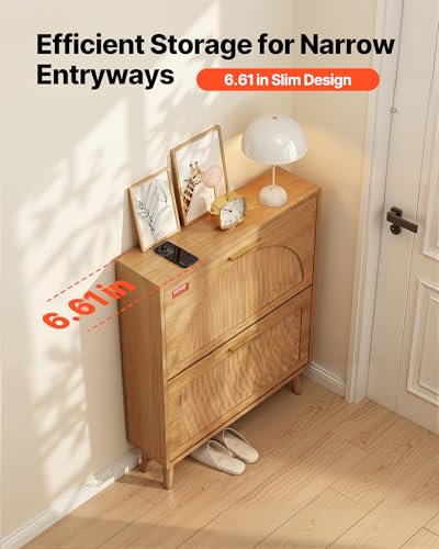 VEVOR Shoe Cabinet with 2 Flip Drawers, Shoe Storage Cabinet for Entryway, Free Standing Shoe Storage Organizer with Rattan Doors for Heels, Boots, Slippers in Hallway, Living Room