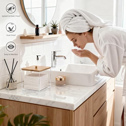 Puricon Acrylic Disposable Facial Towels Holder, Clear Storage Bin with Wood Lid Compatible with Clean Skin Club Towel (NOT Included), Face Towelettes Container for Bathroom Counter -Original