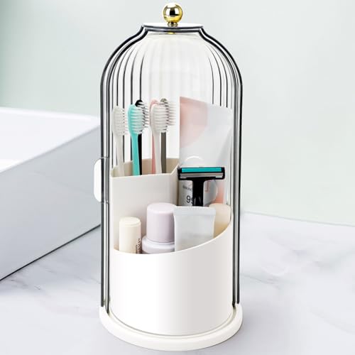 Toothbrush Holders with Sliding Lid, Rotating 3 Slots Bathroom Organizer Countertop, Tooth Brush Toothpaste Holder Bathroom Counter Stand Sink Organizer Caddy for Vanity Makeup Brushes Holder