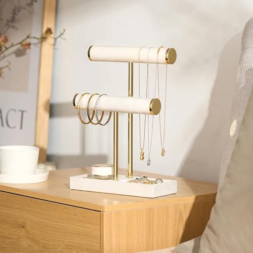 bussdis 2 Tier Bracelet Holder Display, Necklace Holder Organizer, Beige | Velvet Necklace Holder | Jewelry Tree | Jewelry Towers | Jewelry Stand Organizer for Necklaces, Bracelets, Earrings, Rings