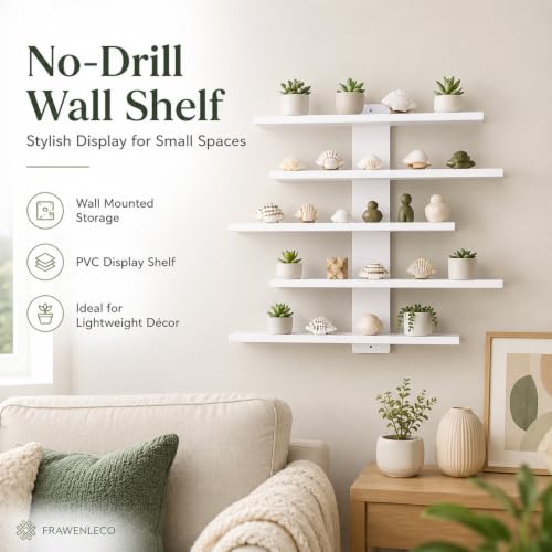 No Drill Wall Shelf, 5-Tier White Floating Shelves with Adhesive, Thickened 12mm PVC Board, Damage-Free Wall Mounted Organizer for Bathroom, Kitchen, Living Room, Bedroom(White)