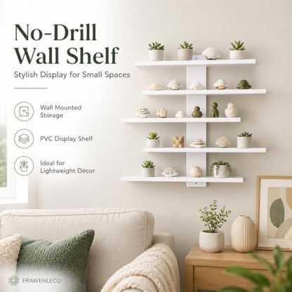 No Drill Wall Shelf, 5-Tier White Floating Shelves with Adhesive, Thickened 12mm PVC Board, Damage-Free Wall Mounted Organizer for Bathroom, Kitchen, Living Room, Bedroom(White)