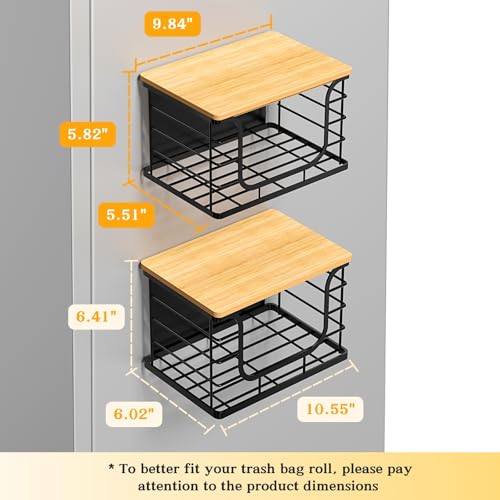 Magnetic Shelf for Fridge Trash Bag Organizer, 2 Pack, Black | Stackable Garbage Bag Holder, Bamboo Lid, Magnetic Storage Bin, For Refrigerator, Under Sink, Kitchen, Pantry