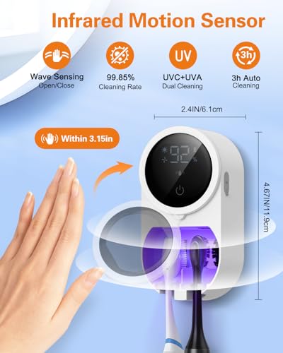UV Toothbrush Sanitizer Holder, Electric Toothbrush Cleaner with LED Display, Infrared Auto Sensor, Auto-Cycle & Fan Drying, Rechargeable Wall Mounted Tooth Brush Holders for Bathroom Organizer