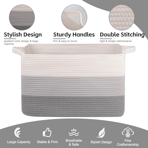 OIAHOMY Extra Large Blanket Basket, 95L Cotton Rope Woven Laundry Basket, Toy Bin for Baby Room, Container for Blanket Storage in Living Room, 24''×17''×14'', Gradient Grey