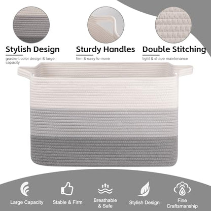 OIAHOMY Extra Large Blanket Basket, 95L Cotton Rope Woven Laundry Basket, Toy Bin for Baby Room, Container for Blanket Storage in Living Room, 24''×17''×14'', Gradient Grey