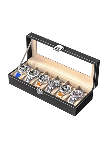 Watch Display Case For Men,Leather Watch Organizer Box,Watch Travel Organizer Tray,Watch Collection Storge Holder For Women (Black Leather, 6 Slots)