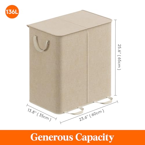 Lifewit Double Laundry Hamper with Lid and Removable Laundry Bags, Large Collapsible 2 Dividers Dirty Clothes Basket with Handles for Bedroom Laundry Room Closet Bathroom College, 136L Beige