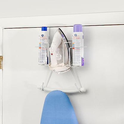 Sunbeam Laundry Room Metal Over the Door Hanging Ironing Board Holder and Organizer, Holds Standard Size Iron, Board, Spray Bottles, Starch, Fabric softener, White finish