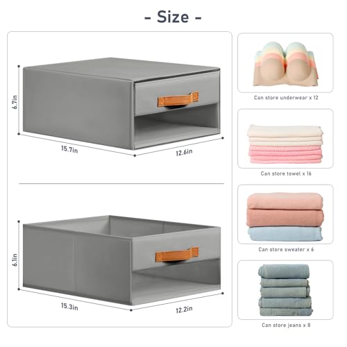 DIMJ Closet Organizers and Storage - Fabric Bins with Drawers for Closet Foldable Clothes Organizers with Clear Window, Stackable Storage Drawers Units for Bedroom, Living Room, 4-Pack, Grey