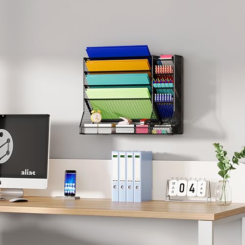 Jakyitvi Adjustable 5 Tiers Wall File Organizer Metal Hanging Holder Black | 5 tiers desk paper organizer, folder holder wall mount, mail organizer for home office, hanging document tray