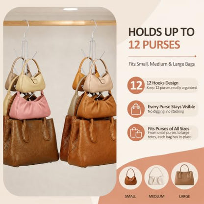 2 Pack Purse Hanger, Purse Organizer for Closet, Holds 12 Bags | Metal Hanging 12 Hooks Handbag Holder for Bag Storage, 360° Rotating Design Keeps Purses Visible and Easy to Access, Silver