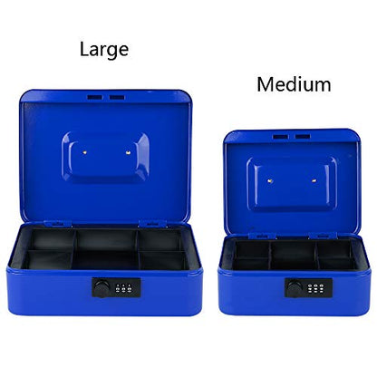 KYODOLED Cash Box with Combination Lock,Safe Metal Box for Money,Storage Lock Box with Money Tray,7.87"x 6.30"x 3.54" Blue Medium