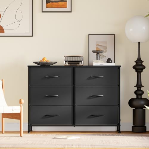 DUMOS 6 Drawer Dresser for Bedroom, Wide Storage Chest of Drawers Cabinet | Fabric Storage Organizer with Wooden Top, Wide Dresser Cabinet for Closet, Bedroom, Black