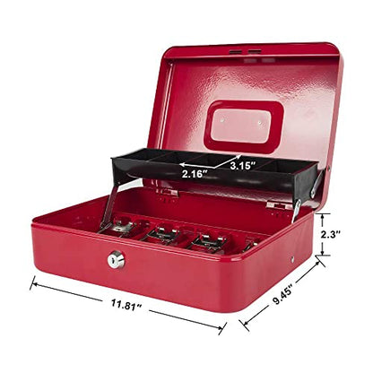 KYODOLED Locking Cash Box with Lock,Money Box with Cash Tray,Lock Safe Box with Key,Money Saving Organizer,11.81Lx 9.45Wx 3.54H Inches,Red XL Large