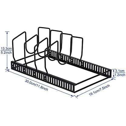 Toplife Pot Lids Organizer Rack for Cabinet and Countertop, 7+ Pan Lids and Bakeware Organizer Rack Holder with 7 Adjustable Compartments - Black