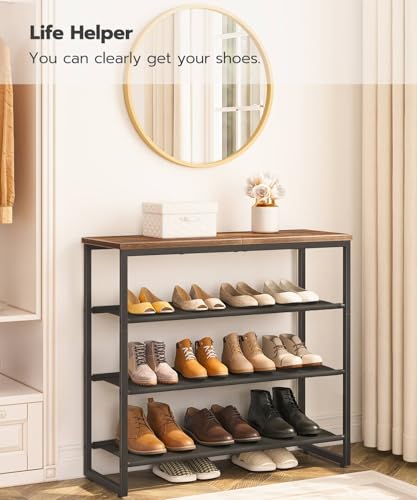 HOOBRO Shoe Rack, 4 Tier Shoe Storage Organizer with 3 Oxford Fabric Shelves and Top Panel, Holds 12-16 Pairs of Shoes for Entryway and Closet, Industrial, Rustic Brown BF47XJ01G1