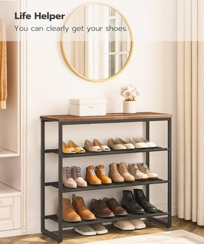 HOOBRO Shoe Rack, 4 Tier Shoe Storage Organizer with 3 Oxford Fabric Shelves and Top Panel, Holds 12-16 Pairs of Shoes for Entryway and Closet, Industrial, Rustic Brown BF47XJ01G1