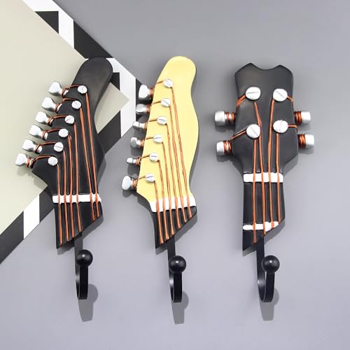 Vintage Guitar Shaped Decorative Hooks Rack Hangers,3 Pack | Guitar Hook For Hanging Clothes Coats Towels Keys Hats Metal Resin Hooks Wall Mounted Heavy Duty, Guitar Music Decor