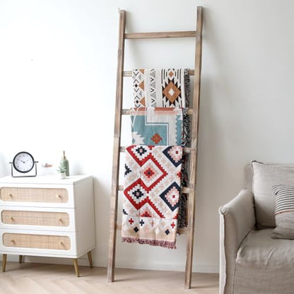 Blanket Ladder, 24in Wide Rustic Solid Wood Decor Rack, Burnt Brown | 6.4 ft high and 6 rungs, farmhouse quilt display holder, organize towel and scarf, leaning wall, bathroom and living room use