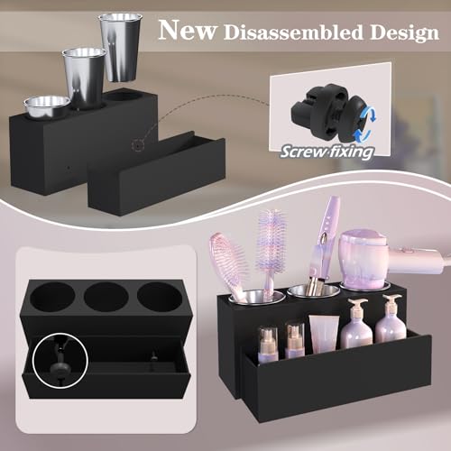 Matte Black Countertop Hair Tool Organizer for Vanity | Stainless Heat Insulated Cups, Detachable Drawer, Stores Hot Styling Tools, Hair Dryer & Curling Irons